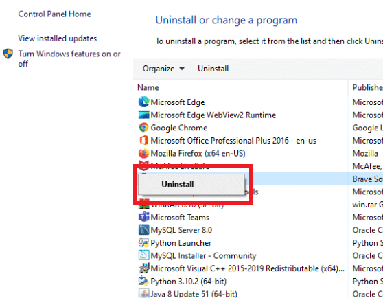 Seleziona Disinstalla dal menu che appare