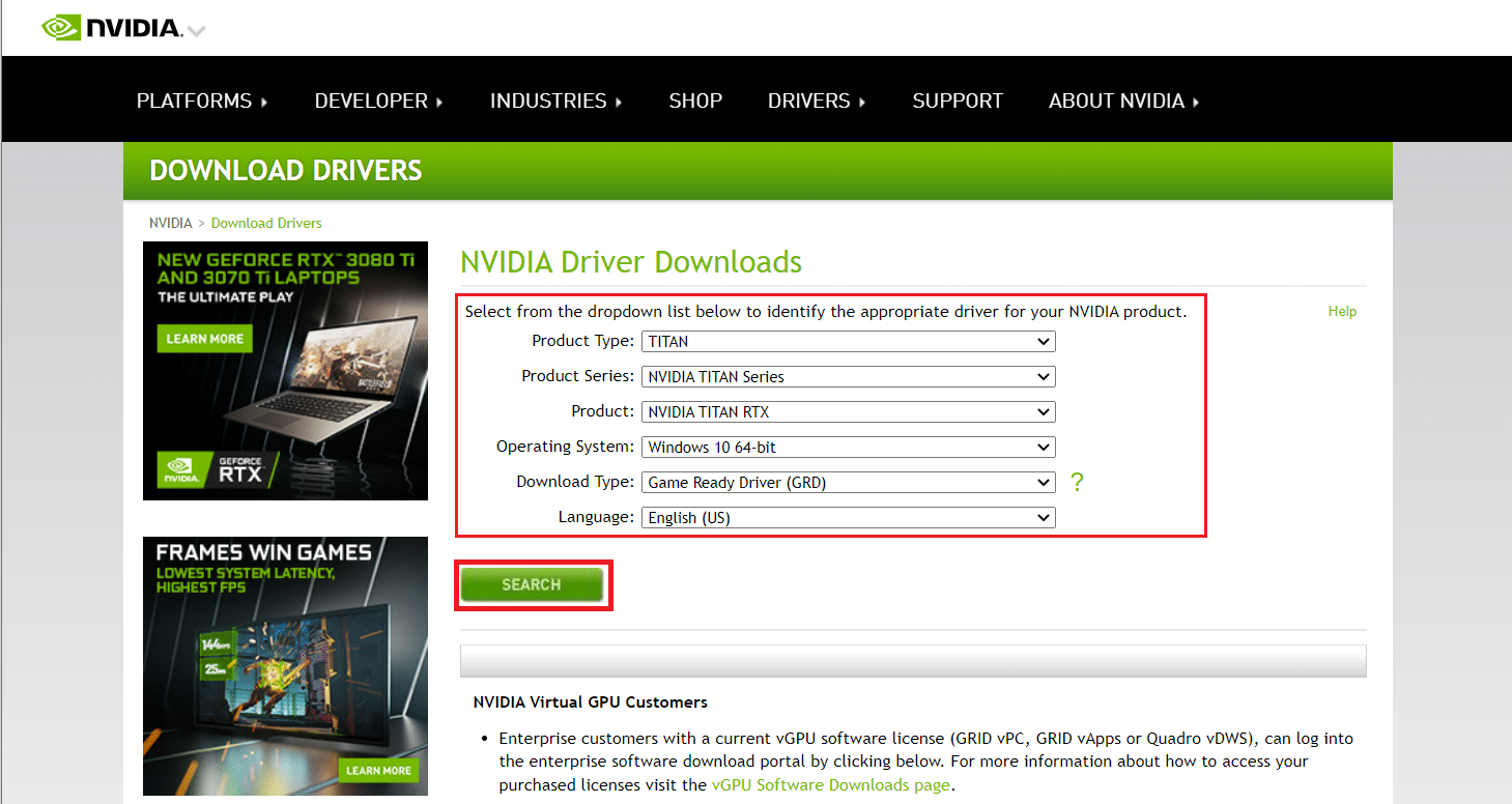 Compila i dettagli del modello dell'adattatore NVIDIA e seleziona Cerca. Risolto il problema con l'utilizzo elevato della CPU del contenitore NVIDIA