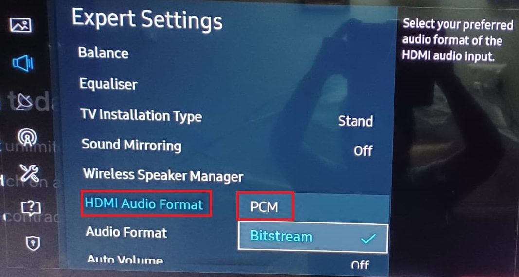 Formato audio HDMI PCM Impostazioni audio avanzate TV Samsung