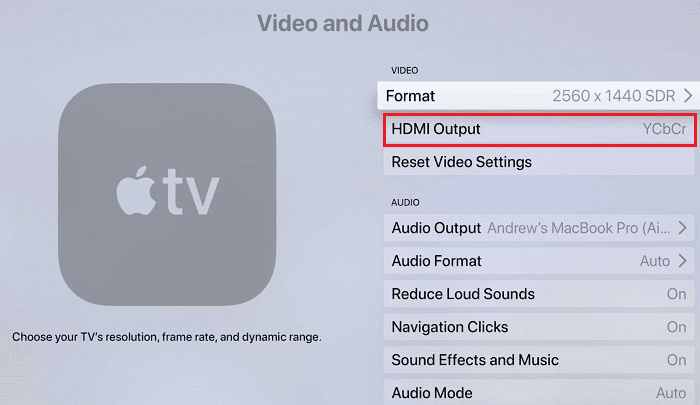 Uscita HDMI YCbCr Video e Audio Apple TV