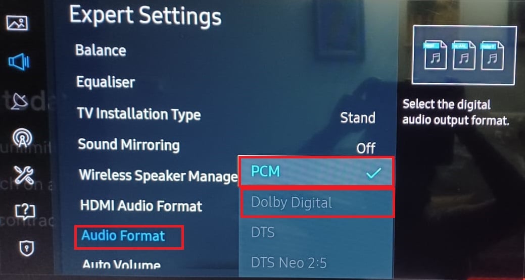 Formato audio PCM Dolby Digital Expert Impostazioni audio TV Samsung