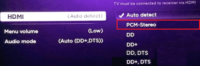 Impostazioni audio HDMI PCM-Stereo-roku. Risolto il problema con l'audio di Netflix non sincronizzato con la TV Samsung