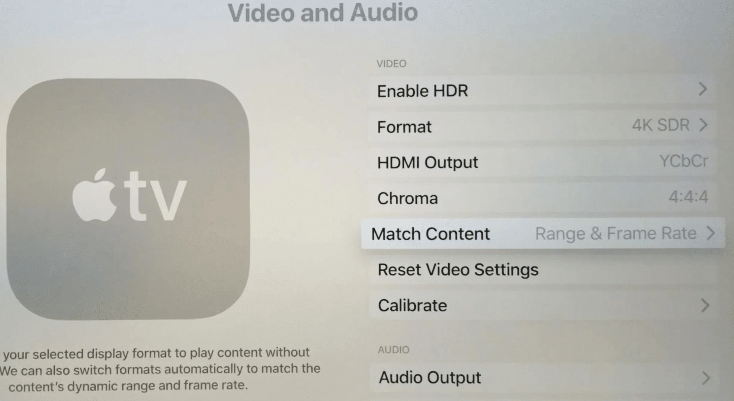 Impostazioni video e audio Apple TV