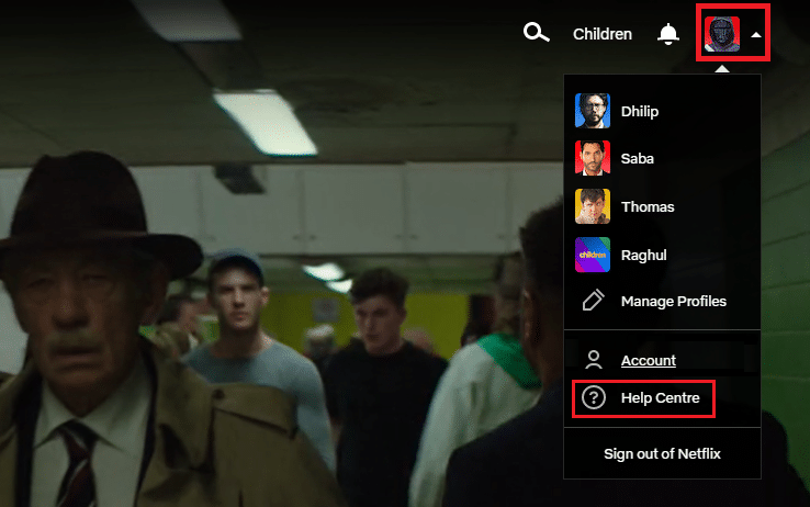 haga clic en el perfil y seleccione la opción del centro de ayuda en la aplicación de Netflix