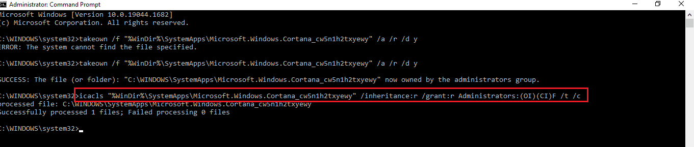 otorgar permisos al Administrador. Arreglar Cortana ocupando memoria