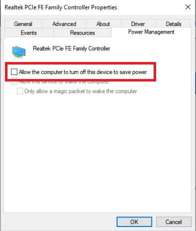 Desmarque Permitir que la computadora apague este dispositivo para ahorrar energía. Arreglar su computadora parece estar configurada correctamente, pero el dispositivo o el servidor DNS de recursos no responde en Windows 10