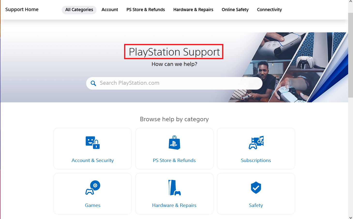 Pagina iniziale del supporto per PlayStation Sony