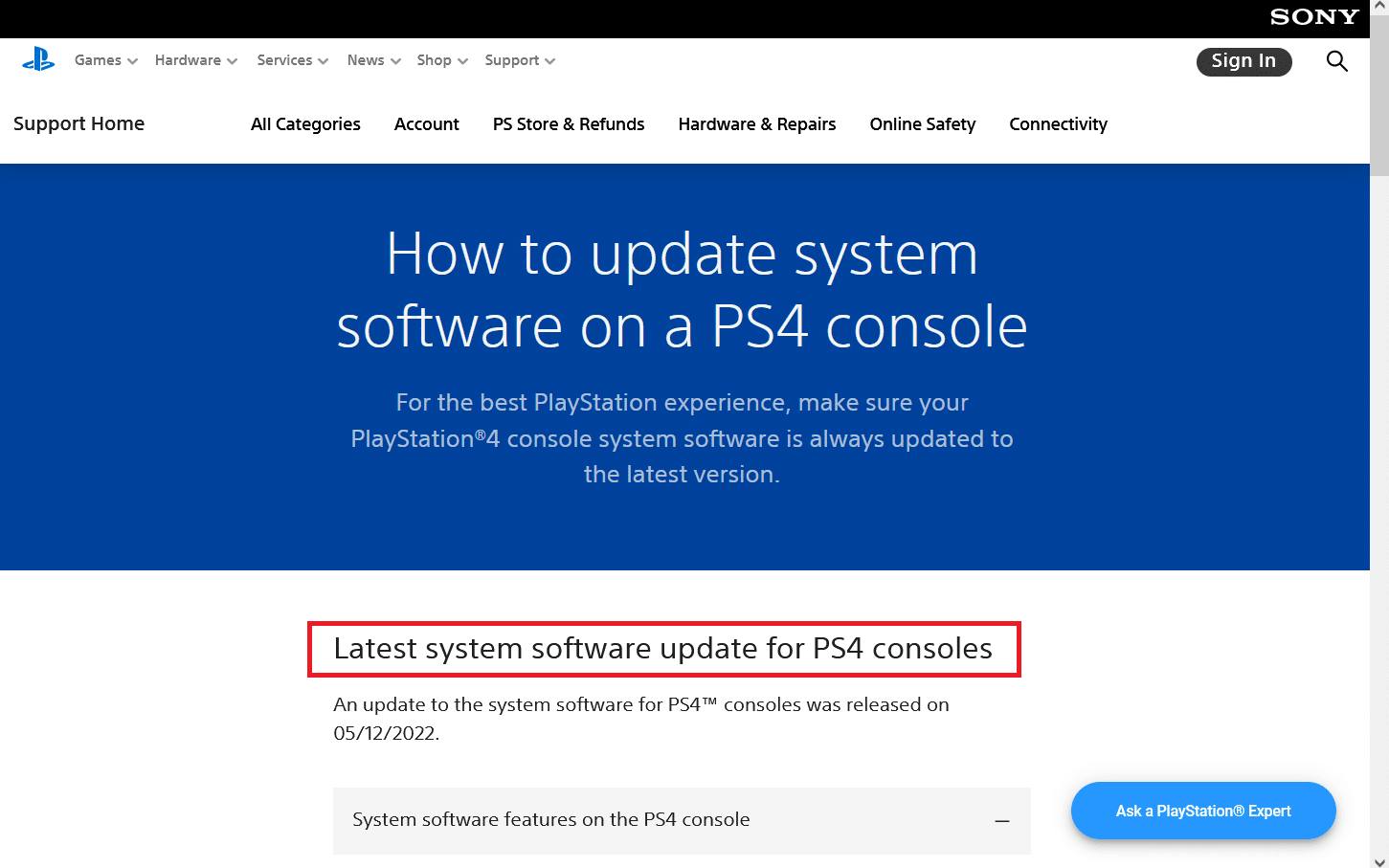 公式プレイステーションのウェブサイトから最新のPS4アップデートをダウンロードし、UPDATEフォルダに保存します