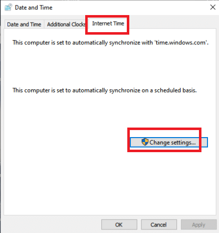 Cambie a la pestaña Hora de Internet y elija Cambiar configuración