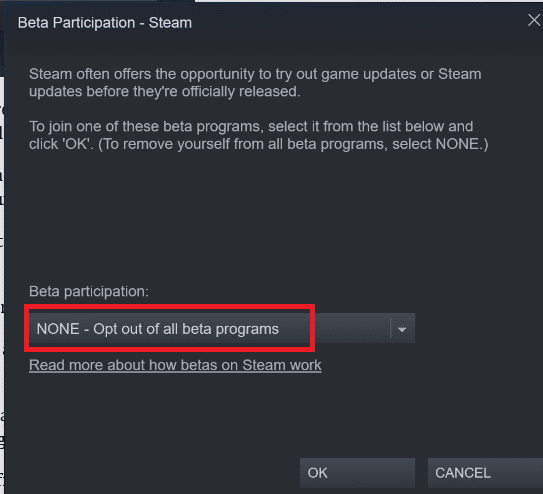 Elija NINGUNO Optar por no participar en todos los programas beta. Arreglar el Bootstrapper del cliente de Steam no responde