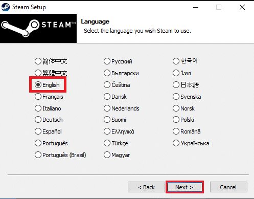 次のウィンドウで選択した言語を選択し、[次へ]ボタンをクリックします