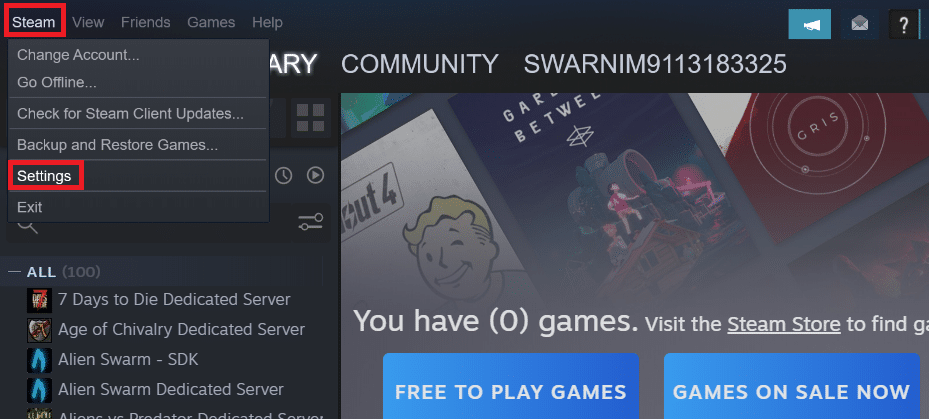 Haga clic en Steam en la esquina superior izquierda y vaya a Configuración. Arreglar el Bootstrapper del cliente de Steam no responde