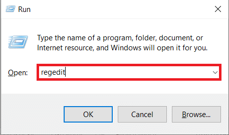 escriba regedit en el cuadro y presione Entrar
