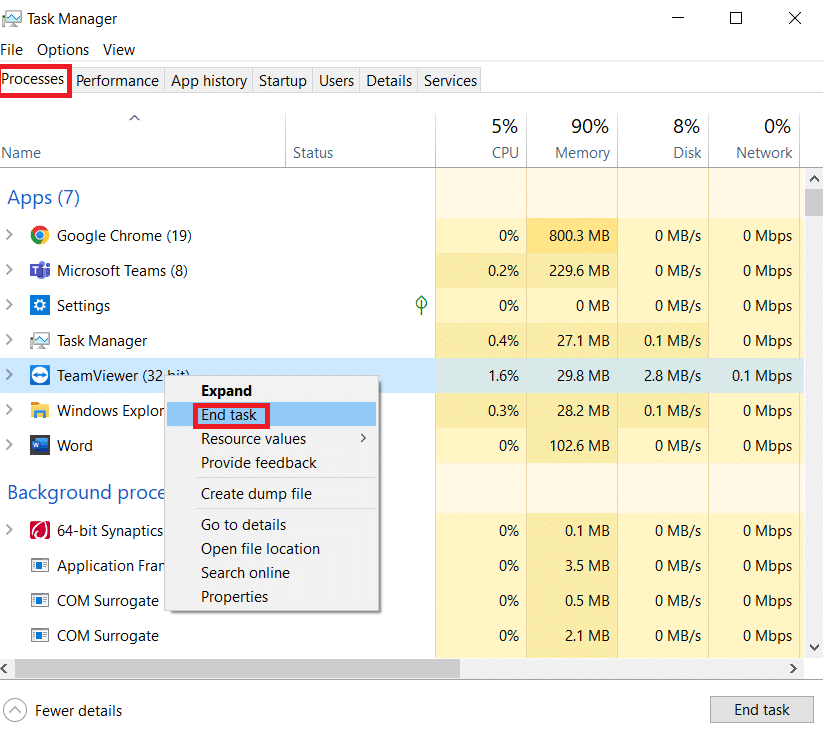 Clique em Finalizar tarefa. Corrigir tela cheia não funciona no Windows 10