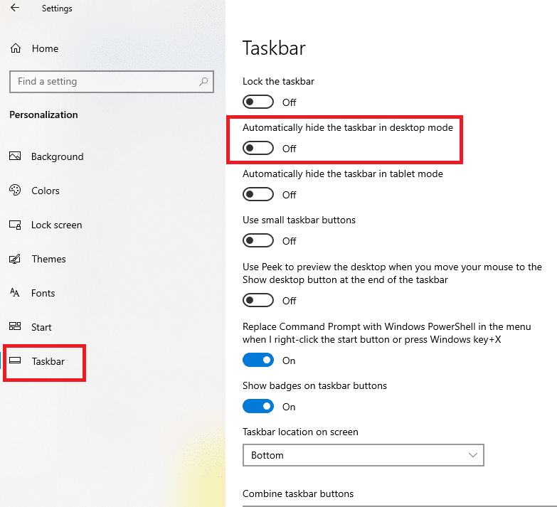 Kembalikan Taskbar ke pengaturan default. Perbaiki Layar Penuh Tidak Bekerja di Windows 10