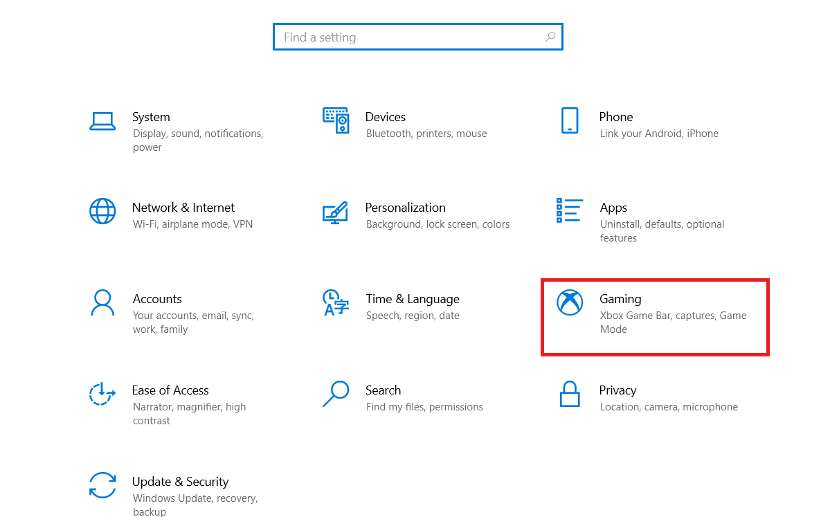 Klik pada opsi Permainan. Perbaiki Layar Penuh Tidak Bekerja di Windows 10