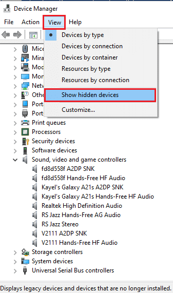คลิกที่ตัวเลือกแสดงอุปกรณ์ที่ซ่อนอยู่ แก้ไข Realtek Audio Manager ไม่เปิดขึ้น