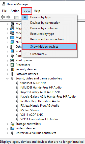 انقر فوق خيار إظهار الأجهزة المخفية. إصلاح عدم فتح برنامج Realtek Audio Manager