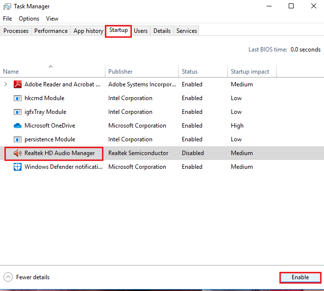 และคลิกที่ปุ่ม Enable เพื่อเปิดใช้งาน Realtek Audio Manager แก้ไข Realtek Audio Manager ไม่เปิดขึ้น