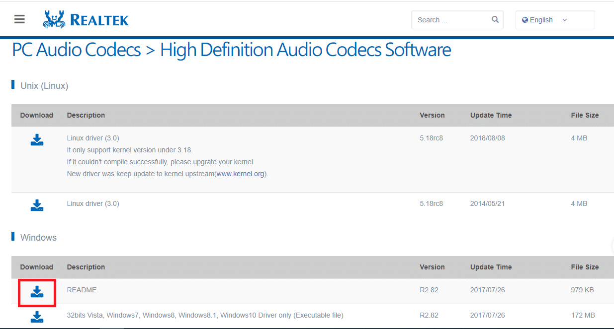 Realtek High Definition Codec'lerin resmi web sitesini açın ve İndir düğmesine tıklayın