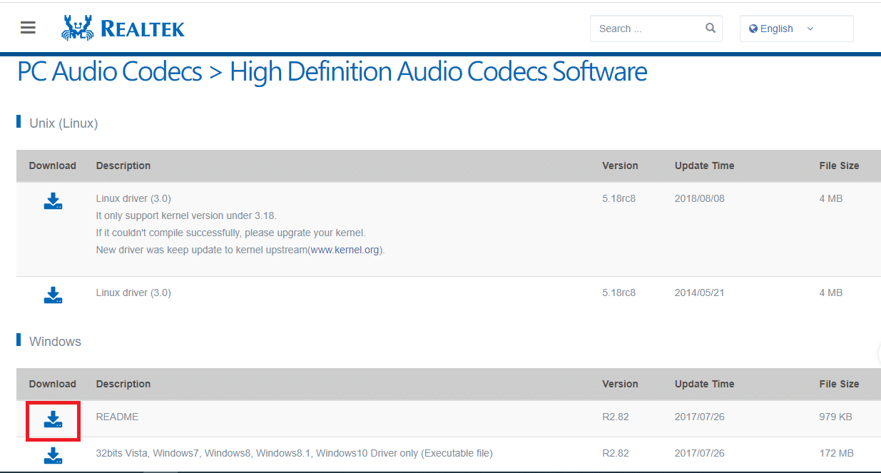 เปิดเว็บไซต์อย่างเป็นทางการของ Realtek High Definition Codec และคลิกที่ปุ่มดาวน์โหลด