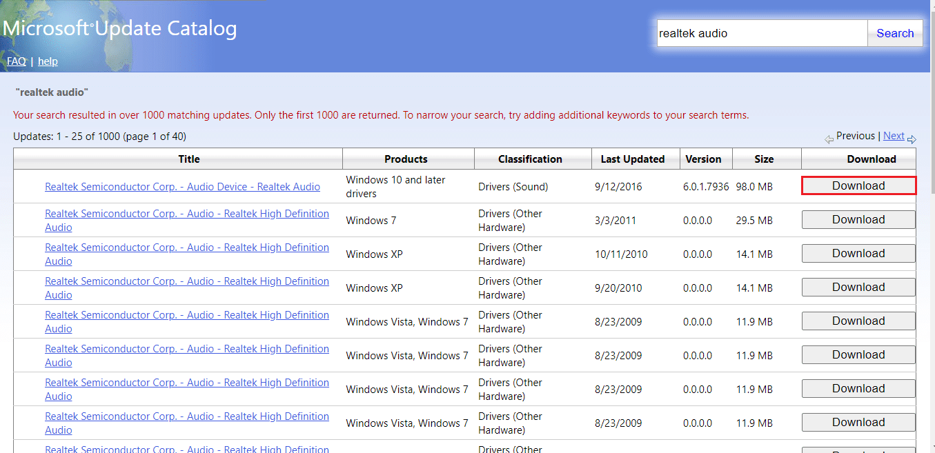Catalogo Microsoft Update. Risolto il problema con Realtek Audio Manager che non si apre