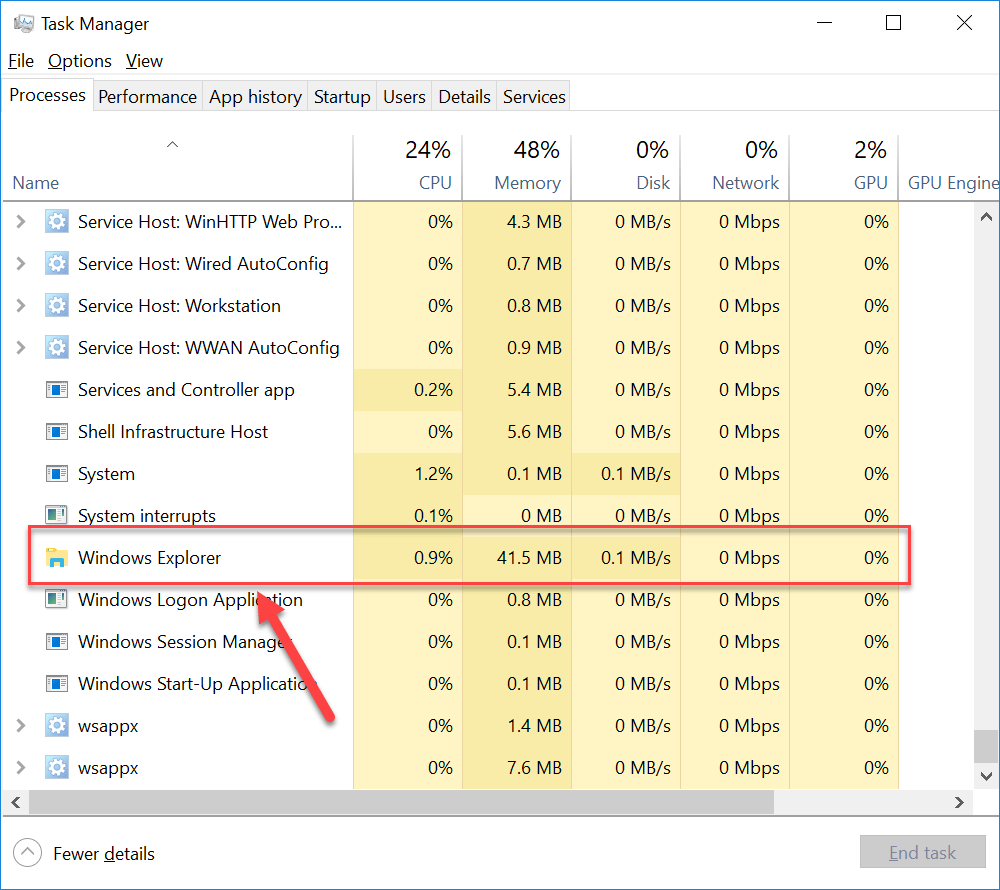 向下滚动以在任务管理器进程中找到“Windows 资源管理器”