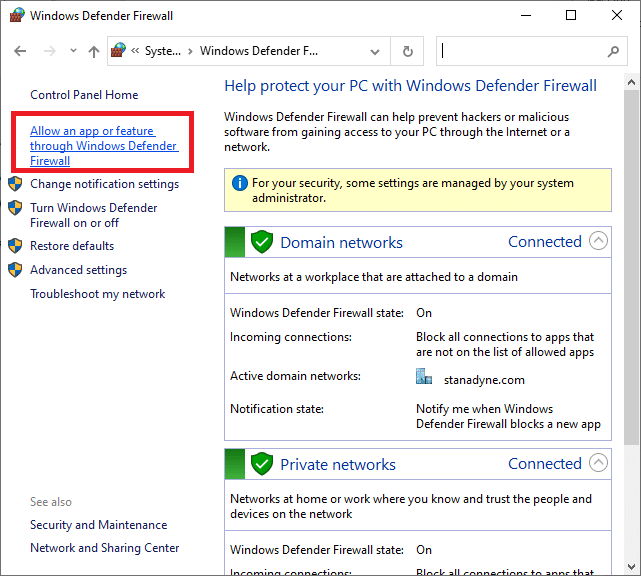 Dans la fenêtre contextuelle, cliquez sur Autoriser une application ou une fonctionnalité via le pare-feu Windows Defender.