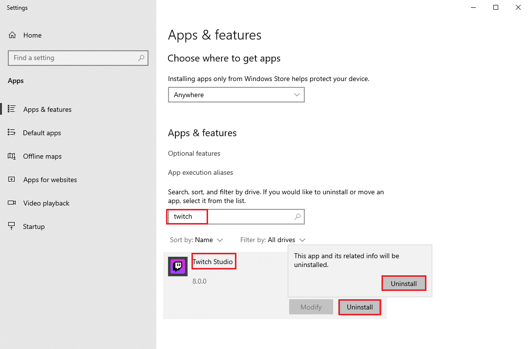 Deinstallieren Sie Twitch in Apps und Funktionen