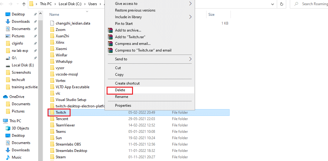 Löschen Sie den Twitch-Ordner im AppData-Ordner
