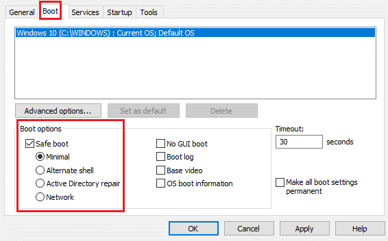 paramètre de démarrage de la configuration système