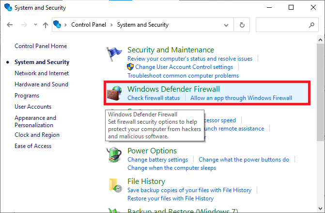 Windows Defender Güvenlik Duvarı'na tıklayın. Yüklenmeyen Twitch Modlarını Düzeltin