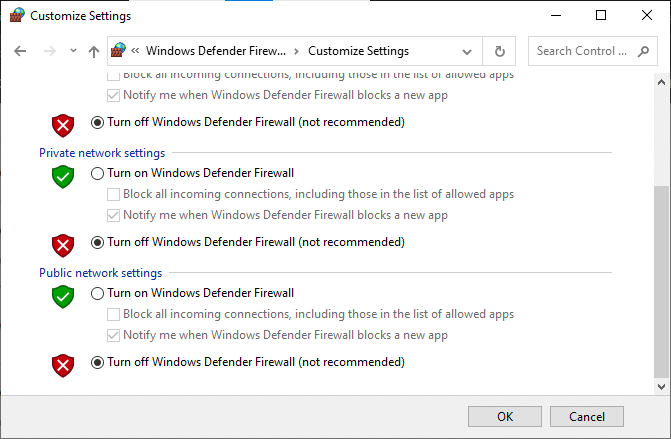 Windows Defender Güvenlik Duvarı'nı kapatın. Yüklenmeyen Twitch Modlarını Düzeltin