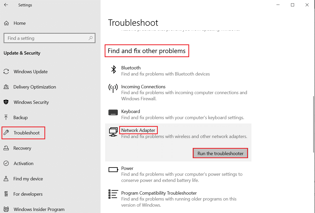 运行网络适配器的疑难解答。修复在 Windows 10 中无法安装 BattlEye 服务