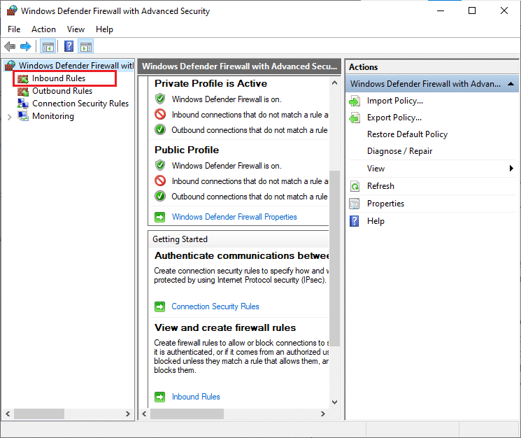 Klicken Sie auf Eingangsregeln. Fehler beim Installieren des BattlEye-Dienstes in Windows 10 behoben