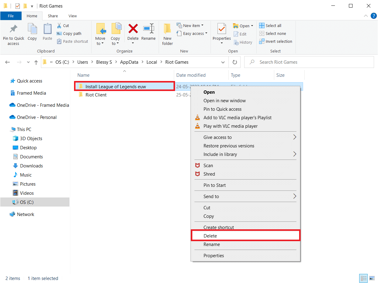 删除安装英雄联盟euw文件夹。修复 Windows 10 中未指定的错误英雄联盟