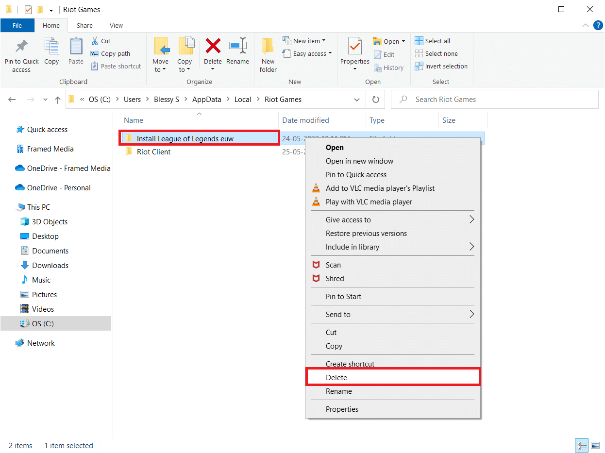 설치 리그 오브 레전드 euw 폴더를 삭제하십시오. Windows 10에서 지정되지 않은 오류 리그 오브 레전드 수정