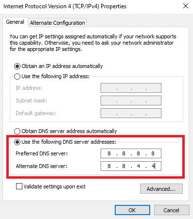 DNS adresini değiştirin. Windows 10'da Belirtilmemiş Hatayı Düzeltin League of Legends