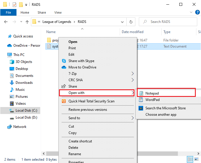 [プログラムから開く]、[メモ帳]の順に選択します。 Windows10の不特定のエラーリーグオブレジェンドを修正