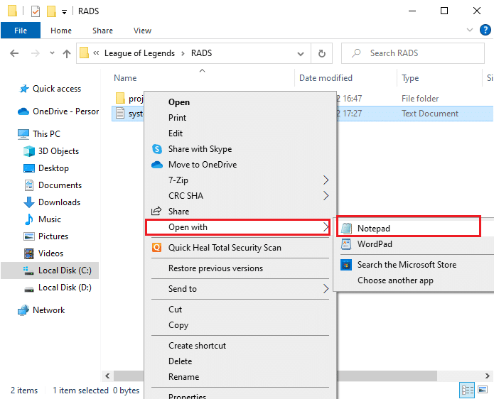 sélectionnez Ouvrir avec suivi de Bloc-notes. Correction d'une erreur non spécifiée League of Legends dans Windows 10