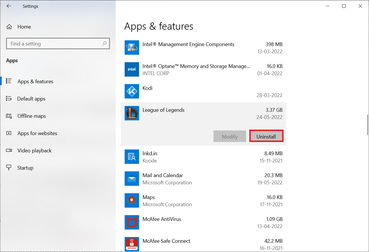 sélectionnez désinstaller. Correction d'une erreur non spécifiée League of Legends dans Windows 10
