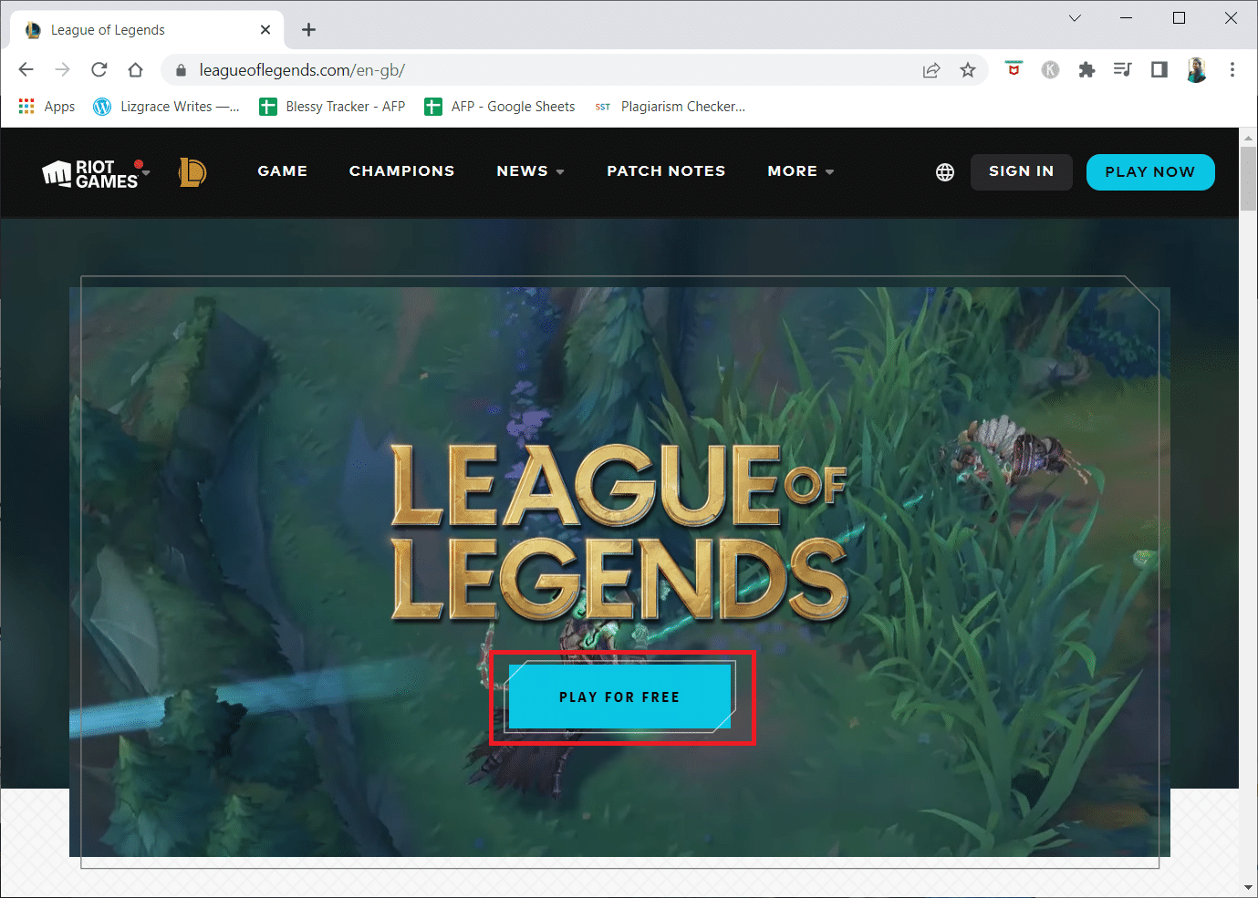 League of Legends 공식 웹사이트 다운로드 페이지를 방문하여 PLAY FOR FREE 버튼을 클릭합니다.