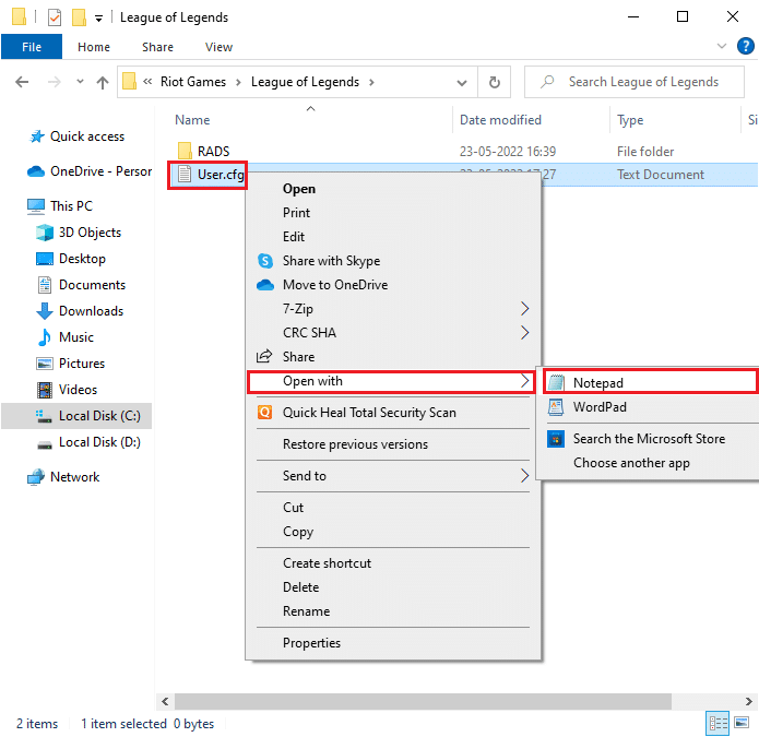 [メモ帳で開く]オプションを選択します。 Windows10の不特定のエラーリーグオブレジェンドを修正
