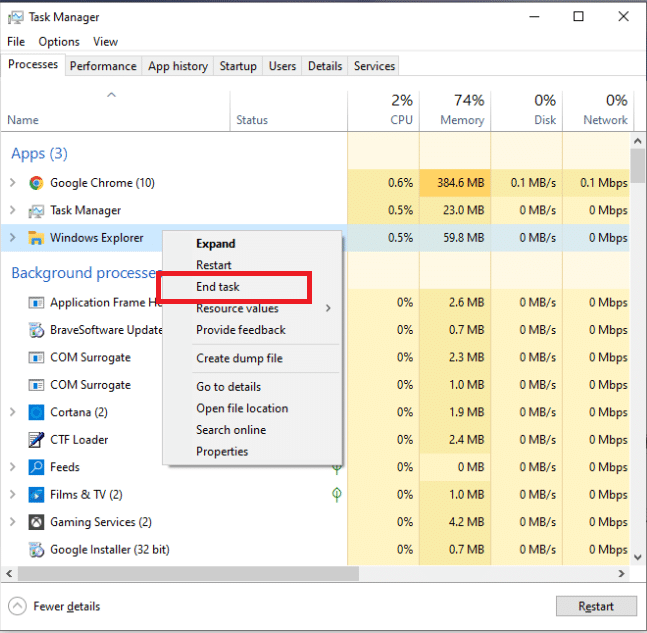 Windows Gezgini explorer.exe'ye sağ tıklayın ve Görevi sonlandır'ı seçin