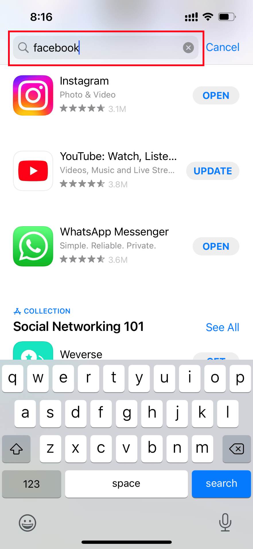Digite Facebook e procure por ele. Corrigir o Facebook Marketplace não está funcionando