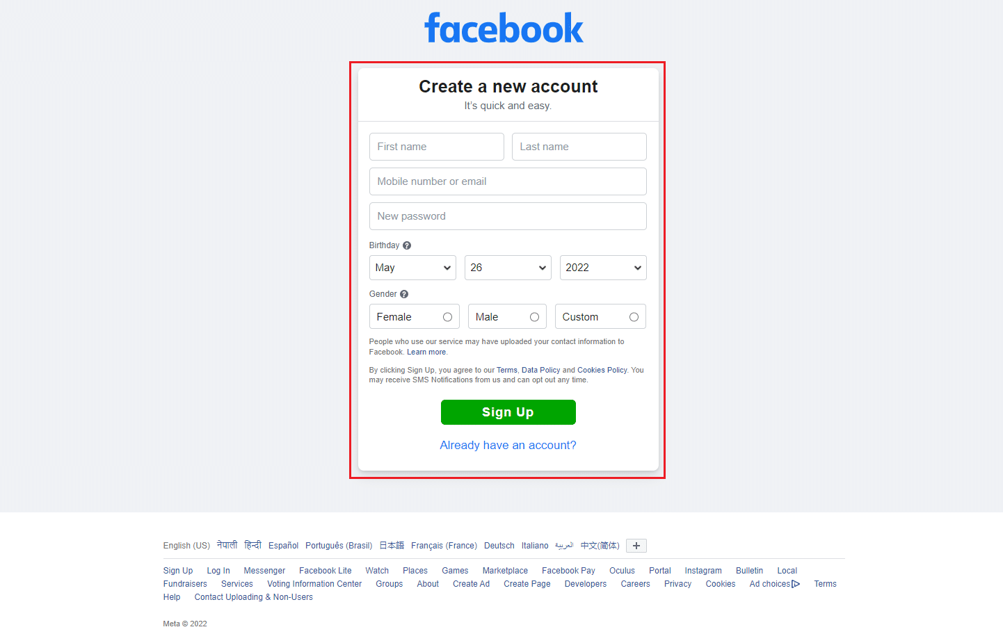 criar uma nova página de conta no facebook