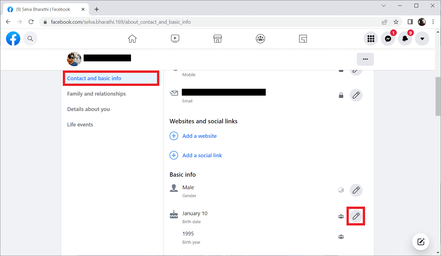 Selecione Contato e informações básicas e altere sua data de nascimento