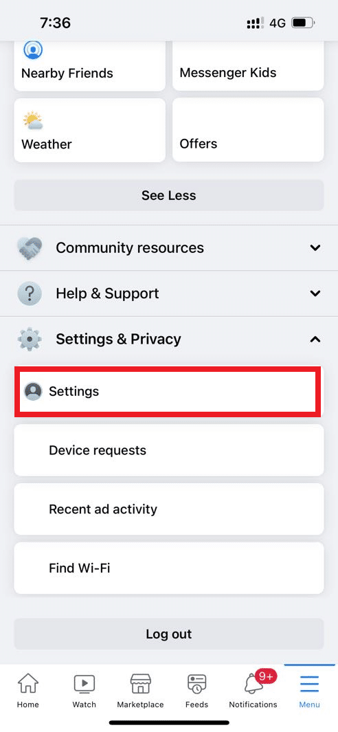 Toque em Configurações. Corrigir o Facebook Marketplace não está funcionando