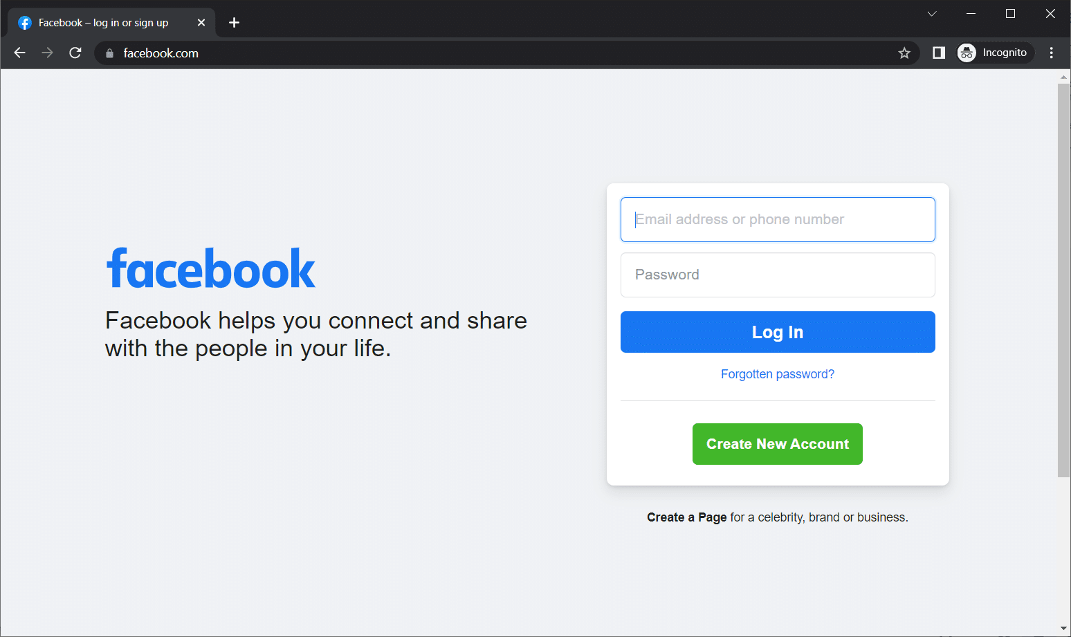 Faça login no Facebook no modo de navegação anônima