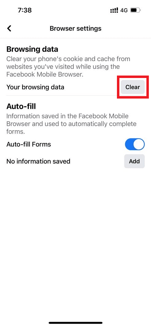 Toque em Limpar. Corrigir o Facebook Marketplace não está funcionando